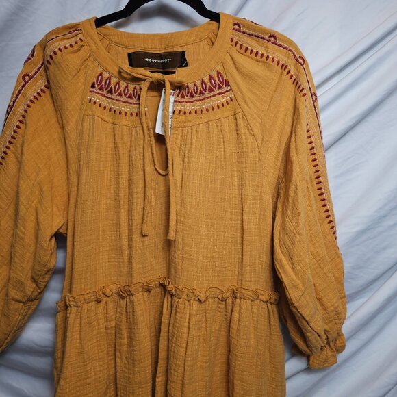 CODE X MODE Embroidered Tiered Dress Mustard Tie Bow Boho Shift CODEXMODE Medium - Picture 3 of 11